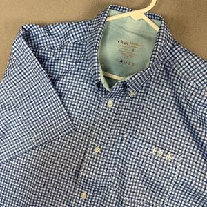 Huk Mens Large Blue White Plaid Fish Short Sleeve Fishing Button Down Shirt